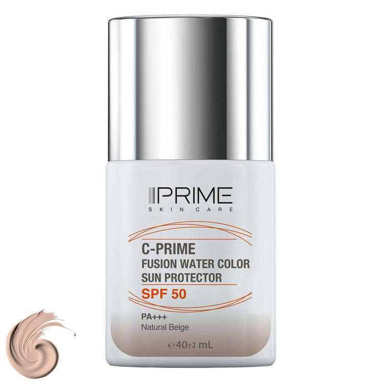فلوئید ضد آفتاب رنگی پرایم، SPF 50، مدل فیوژن واتر، مناسب انواع پوست با تنالیته متوسط و حجم 40 میلی لیتر، محافظتکننده در برابر اشعههای PA++++ ،UVA ،UVB، دارای فرمولاسیون فاقد چربی، ویتامین سی و آنتی اکسیدان، با ماندگاری 4 ساعته